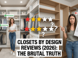 Closets by Design Reviews (2026): The Brutal Truth Before You Buy A split image showing custom closets. On the left, a frustrated woman looks at an expensive quote and raw particleboard. On the right, a smiling woman enjoys a beautiful, organized white melamine closet. Central text says 'CLOSETS BY DESIGN REVIEWS (2026): The Brutal Truth'. Mixed 1-star and 5-star review icons float around.