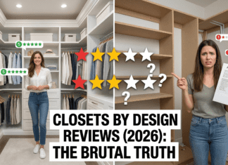 Closets by Design Reviews (2026): The Brutal Truth Before You Buy A split image showing custom closets. On the left, a frustrated woman looks at an expensive quote and raw particleboard. On the right, a smiling woman enjoys a beautiful, organized white melamine closet. Central text says 'CLOSETS BY DESIGN REVIEWS (2026): The Brutal Truth'. Mixed 1-star and 5-star review icons float around.
