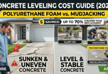 Concrete Leveling Cost Guide (2026): Polyurethane Foam vs. Mudjacking A before and after comparison showing a homeowner with a sunken concrete driveway, and the methods used to fix it including mudjacking and polyurethane foam injection costs in 2026.