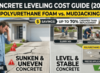 Concrete Leveling Cost Guide (2026): Polyurethane Foam vs. Mudjacking A before and after comparison showing a homeowner with a sunken concrete driveway, and the methods used to fix it including mudjacking and polyurethane foam injection costs in 2026.