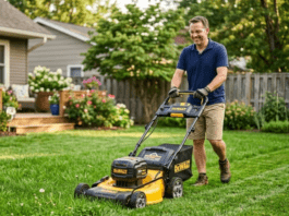 DeWalt Lawn Mower Review 2026: 5 Best Electric & Push Models A homeowner effortlessly mowing a lush green suburban lawn using a yellow and black DeWalt battery-powered electric lawn mower on a sunny day.
