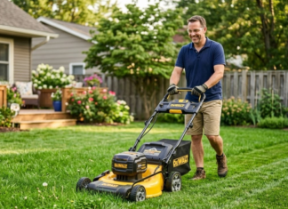 DeWalt Lawn Mower Review 2026: 5 Best Electric & Push Models A homeowner effortlessly mowing a lush green suburban lawn using a yellow and black DeWalt battery-powered electric lawn mower on a sunny day.