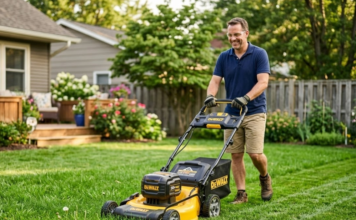DeWalt Lawn Mower Review 2026: 5 Best Electric & Push Models A homeowner effortlessly mowing a lush green suburban lawn using a yellow and black DeWalt battery-powered electric lawn mower on a sunny day.