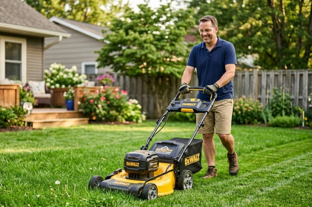 A homeowner effortlessly mowing a lush green suburban lawn using a yellow and black DeWalt battery-powered electric lawn mower on a sunny day.