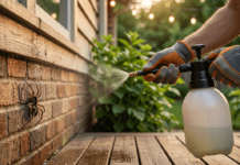 Ultimate DIY Pest Control for Spiders: The 2026 Eradication Guide A close-up of a homeowner wearing protective gloves applying a perimeter pest control spray around a brick foundation at dusk, creating a chemical barrier against spiders. A detailed wolf spider model is visible on the wall, illustrating effective DIY elimination.