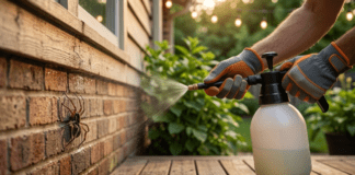 Ultimate DIY Pest Control for Spiders: The 2026 Eradication Guide A close-up of a homeowner wearing protective gloves applying a perimeter pest control spray around a brick foundation at dusk, creating a chemical barrier against spiders. A detailed wolf spider model is visible on the wall, illustrating effective DIY elimination.