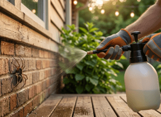Ultimate DIY Pest Control for Spiders: The 2026 Eradication Guide A close-up of a homeowner wearing protective gloves applying a perimeter pest control spray around a brick foundation at dusk, creating a chemical barrier against spiders. A detailed wolf spider model is visible on the wall, illustrating effective DIY elimination.