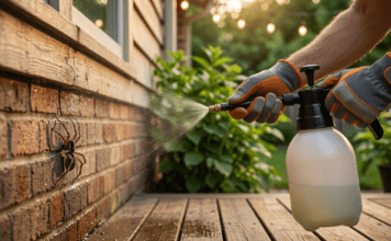 Ultimate DIY Pest Control for Spiders: The 2026 Eradication Guide A close-up of a homeowner wearing protective gloves applying a perimeter pest control spray around a brick foundation at dusk, creating a chemical barrier against spiders. A detailed wolf spider model is visible on the wall, illustrating effective DIY elimination.