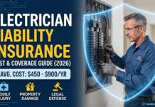 Electrician Liability Insurance Cost & Coverage Guide (2026) A split featured image showing an electrician confidently wiring an electrical panel on the right with a blue protective shield, and bold text on the left highlighting Electrician Liability Insurance Cost and Coverage Guide (2026). Icons show Bodily Injury, Property Damage, and Legal Defense coverage. Prices: $450-$900/year