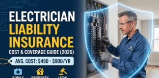 Electrician Liability Insurance Cost & Coverage Guide (2026) A split featured image showing an electrician confidently wiring an electrical panel on the right with a blue protective shield, and bold text on the left highlighting Electrician Liability Insurance Cost and Coverage Guide (2026). Icons show Bodily Injury, Property Damage, and Legal Defense coverage. Prices: $450-$900/year