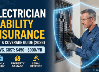 Electrician Liability Insurance Cost & Coverage Guide (2026) A split featured image showing an electrician confidently wiring an electrical panel on the right with a blue protective shield, and bold text on the left highlighting Electrician Liability Insurance Cost and Coverage Guide (2026). Icons show Bodily Injury, Property Damage, and Legal Defense coverage. Prices: $450-$900/year