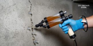 Foundation Crack Repair Cost (2026): When to DIY vs. When to Call a Pro A homeowner using a DIY injection kit to fix a foundation crack, demonstrating the cost-saving alternative to professional repair