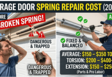 Garage Door Spring Repair Cost Guide (2026): Pro vs. DIY Risks A split image showing custom closets. On the left, a frustrated woman looks at an expensive quote and raw particleboard. On the right, a smiling woman enjoys a beautiful, organized white melamine closet. Central text says 'CLOSETS BY DESIGN REVIEWS (2026): The Brutal Truth'. Mixed 1-star and 5-star review icons float around