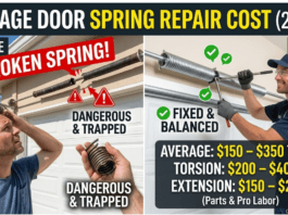 Garage Door Spring Repair Cost Guide (2026): Pro vs. DIY Risks A split image showing custom closets. On the left, a frustrated woman looks at an expensive quote and raw particleboard. On the right, a smiling woman enjoys a beautiful, organized white melamine closet. Central text says 'CLOSETS BY DESIGN REVIEWS (2026): The Brutal Truth'. Mixed 1-star and 5-star review icons float around