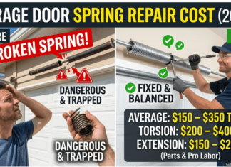 Garage Door Spring Repair Cost Guide (2026): Pro vs. DIY Risks A split image showing custom closets. On the left, a frustrated woman looks at an expensive quote and raw particleboard. On the right, a smiling woman enjoys a beautiful, organized white melamine closet. Central text says 'CLOSETS BY DESIGN REVIEWS (2026): The Brutal Truth'. Mixed 1-star and 5-star review icons float around