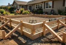 How to Build Concrete Forms: The Detailed DIY Guide (2026) A properly braced wooden concrete form for a backyard patio slab, showing 2x4 lumber, stakes, and a steel rebar grid ready for pouring.