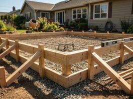 How to Build Concrete Forms: The Detailed DIY Guide (2026) A properly braced wooden concrete form for a backyard patio slab, showing 2x4 lumber, stakes, and a steel rebar grid ready for pouring.