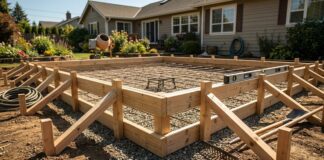 How to Build Concrete Forms: The Detailed DIY Guide (2026) A properly braced wooden concrete form for a backyard patio slab, showing 2x4 lumber, stakes, and a steel rebar grid ready for pouring.