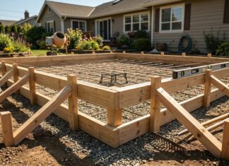How to Build Concrete Forms: The Detailed DIY Guide (2026) A properly braced wooden concrete form for a backyard patio slab, showing 2x4 lumber, stakes, and a steel rebar grid ready for pouring.