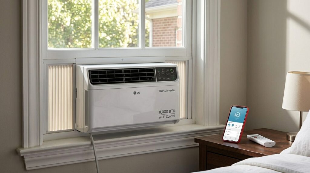 LG 8000 BTU dual inverter window air conditioner with Wi-Fi control Close up of the LG Dual Inverter window air conditioner running during a noise level test in a living room