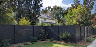 Black Vinyl Fence: Is It Worth the Cost? (Pros & Cons) A sleek, modern black vinyl privacy fence surrounding a beautifully landscaped suburban yar