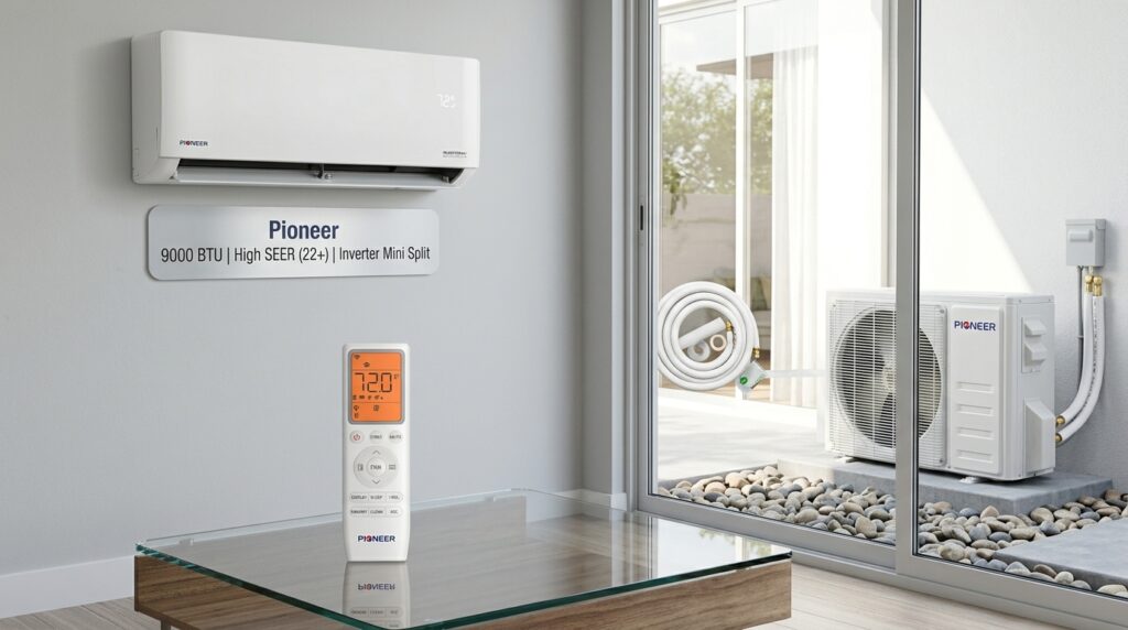 Pioneer 9000 BTU high SEER inverter mini split air conditioner wall unit The interior wall unit of the Pioneer 9000 BTU inverter mini split air conditioner professionally installed in a modern apartment
