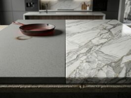 Quartz vs. Quartzite Countertops (Differences & Cost) A side-by-side visual comparison of engineered quartz vs. natural quartzite countertops. The gray quartz slab on the left shows a scorch mark from a hot cast-iron skillet, emphasizing its lower heat resistance. The polished natural quartzite slab on the right, with prominent gray veining, remains flawless, demonstrating its extreme durability and heat resistance.