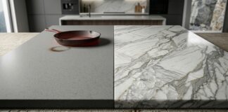 Quartz vs. Quartzite Countertops (Differences & Cost) A side-by-side visual comparison of engineered quartz vs. natural quartzite countertops. The gray quartz slab on the left shows a scorch mark from a hot cast-iron skillet, emphasizing its lower heat resistance. The polished natural quartzite slab on the right, with prominent gray veining, remains flawless, demonstrating its extreme durability and heat resistance.