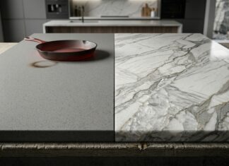 Quartz vs. Quartzite Countertops (Differences & Cost) A side-by-side visual comparison of engineered quartz vs. natural quartzite countertops. The gray quartz slab on the left shows a scorch mark from a hot cast-iron skillet, emphasizing its lower heat resistance. The polished natural quartzite slab on the right, with prominent gray veining, remains flawless, demonstrating its extreme durability and heat resistance.