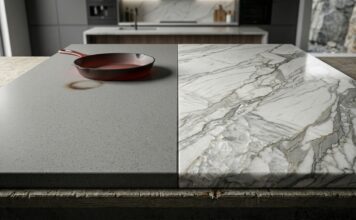 Quartz vs. Quartzite Countertops (Differences & Cost) A side-by-side visual comparison of engineered quartz vs. natural quartzite countertops. The gray quartz slab on the left shows a scorch mark from a hot cast-iron skillet, emphasizing its lower heat resistance. The polished natural quartzite slab on the right, with prominent gray veining, remains flawless, demonstrating its extreme durability and heat resistance.