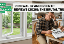 Renewal by Andersen Windows Connecticut Middletown Reviews (2026): The Brutal Truth A split-panel photograph contrasting a beautiful, new Renewal by Andersen Fibrex window (left) with green 5-star review icons, and a stressed Connecticut homeowner (right) shocked by a high-pressure sales contract with a $35,000+ quote. Large central text: RENEWAL BY ANDERSEN CT REVIEWS (2026): THE BRUTAL TRUTH.