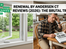 Renewal by Andersen Windows Connecticut Middletown Reviews (2026): The Brutal Truth A split-panel photograph contrasting a beautiful, new Renewal by Andersen Fibrex window (left) with green 5-star review icons, and a stressed Connecticut homeowner (right) shocked by a high-pressure sales contract with a $35,000+ quote. Large central text: RENEWAL BY ANDERSEN CT REVIEWS (2026): THE BRUTAL TRUTH.