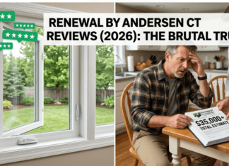 Renewal by Andersen Windows Connecticut Middletown Reviews (2026): The Brutal Truth A split-panel photograph contrasting a beautiful, new Renewal by Andersen Fibrex window (left) with green 5-star review icons, and a stressed Connecticut homeowner (right) shocked by a high-pressure sales contract with a $35,000+ quote. Large central text: RENEWAL BY ANDERSEN CT REVIEWS (2026): THE BRUTAL TRUTH.