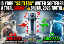 Saltless Water Softener Systems: The Naked Truth & 2026 Cost Guide A split image comparing a broken, scale-encrusted faucet with hard water damage on the left, and a clean, shiny faucet with conditioned water on the right. A modern saltless water softener system sits in the center. Bold text asks: Is your saltless water softener a scam?