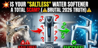 Saltless Water Softener Systems: The Naked Truth & 2026 Cost Guide A split image comparing a broken, scale-encrusted faucet with hard water damage on the left, and a clean, shiny faucet with conditioned water on the right. A modern saltless water softener system sits in the center. Bold text asks: Is your saltless water softener a scam?