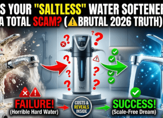 Saltless Water Softener Systems: The Naked Truth & 2026 Cost Guide A split image comparing a broken, scale-encrusted faucet with hard water damage on the left, and a clean, shiny faucet with conditioned water on the right. A modern saltless water softener system sits in the center. Bold text asks: Is your saltless water softener a scam?