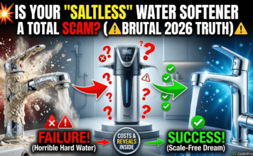 Saltless Water Softener Systems: The Naked Truth & 2026 Cost Guide A split image comparing a broken, scale-encrusted faucet with hard water damage on the left, and a clean, shiny faucet with conditioned water on the right. A modern saltless water softener system sits in the center. Bold text asks: Is your saltless water softener a scam?