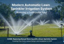 Stop Dragging Hoses: Sprinkler Irrigation System Cost & Install A modern automatic lawn sprinkler irrigation system watering a lush green yard