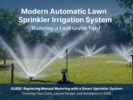 Stop Dragging Hoses: Sprinkler Irrigation System Cost & Install A modern automatic lawn sprinkler irrigation system watering a lush green yard