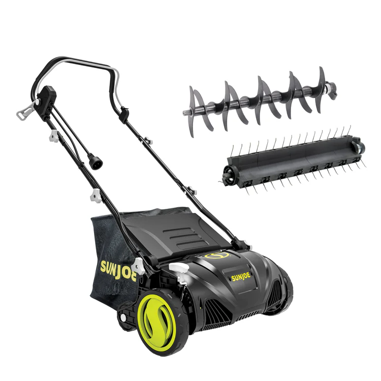 Sun Joe AJ805E 15-inch electric dethatcher with scarifier blade, rated best value for small to medium lawns.