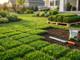 The Honest Fescue Sod Buyer’s Guide: Cost, Pros & Installation (2026) Fresh rolls of tall fescue sod on a wooden pallet ready for installation. A serrated sod knife and starter fertilizer rest on freshly tilled soil in a sunny suburban backyard.