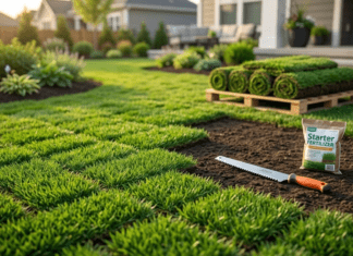 The Honest Fescue Sod Buyer’s Guide: Cost, Pros & Installation (2026) Fresh rolls of tall fescue sod on a wooden pallet ready for installation. A serrated sod knife and starter fertilizer rest on freshly tilled soil in a sunny suburban backyard.