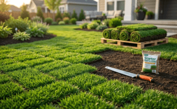 The Honest Fescue Sod Buyer’s Guide: Cost, Pros & Installation (2026) Fresh rolls of tall fescue sod on a wooden pallet ready for installation. A serrated sod knife and starter fertilizer rest on freshly tilled soil in a sunny suburban backyard.