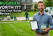 TruGreen Lawn Service Cost Guide & Review (2026): Is It Actually Worth It? Homeowner holding a TruGreen service report and soil testing kit on a green lawn, wondering if TruGreen lawn care service costs are worth it in 2026