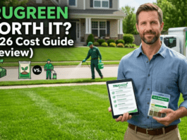 TruGreen Lawn Service Cost Guide & Review (2026): Is It Actually Worth It? Homeowner holding a TruGreen service report and soil testing kit on a green lawn, wondering if TruGreen lawn care service costs are worth it in 2026