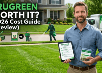 TruGreen Lawn Service Cost Guide & Review (2026): Is It Actually Worth It? Homeowner holding a TruGreen service report and soil testing kit on a green lawn, wondering if TruGreen lawn care service costs are worth it in 2026