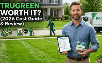 TruGreen Lawn Service Cost Guide & Review (2026): Is It Actually Worth It? Homeowner holding a TruGreen service report and soil testing kit on a green lawn, wondering if TruGreen lawn care service costs are worth it in 2026