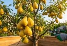 The Ultimate Bartlett Pear Tree Guide (Grow Juicy Pears & Avoid the Bradford Trap!) A mature Bartlett pear tree heavily laden with dozens of ripe, golden-yellow pears. A gardener's hand holding professional bypass pruners subtly prunes a lower branch near a wooden baseboard during sunny golden hour in a backyard orchard, illustrating care and pruning.