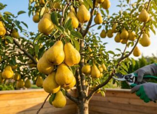 The Ultimate Bartlett Pear Tree Guide (Grow Juicy Pears & Avoid the Bradford Trap!) A mature Bartlett pear tree heavily laden with dozens of ripe, golden-yellow pears. A gardener's hand holding professional bypass pruners subtly prunes a lower branch near a wooden baseboard during sunny golden hour in a backyard orchard, illustrating care and pruning.