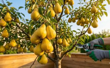 The Ultimate Bartlett Pear Tree Guide (Grow Juicy Pears & Avoid the Bradford Trap!) A mature Bartlett pear tree heavily laden with dozens of ripe, golden-yellow pears. A gardener's hand holding professional bypass pruners subtly prunes a lower branch near a wooden baseboard during sunny golden hour in a backyard orchard, illustrating care and pruning.